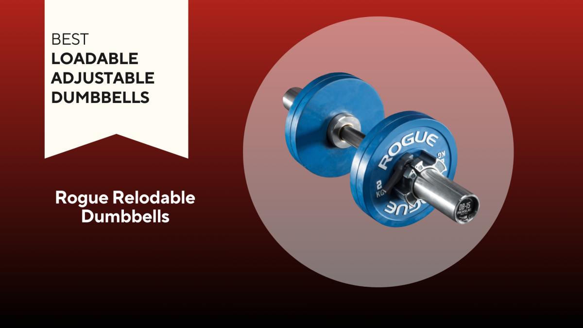 rogue adjustable dumbbells with blue weight plates on red background